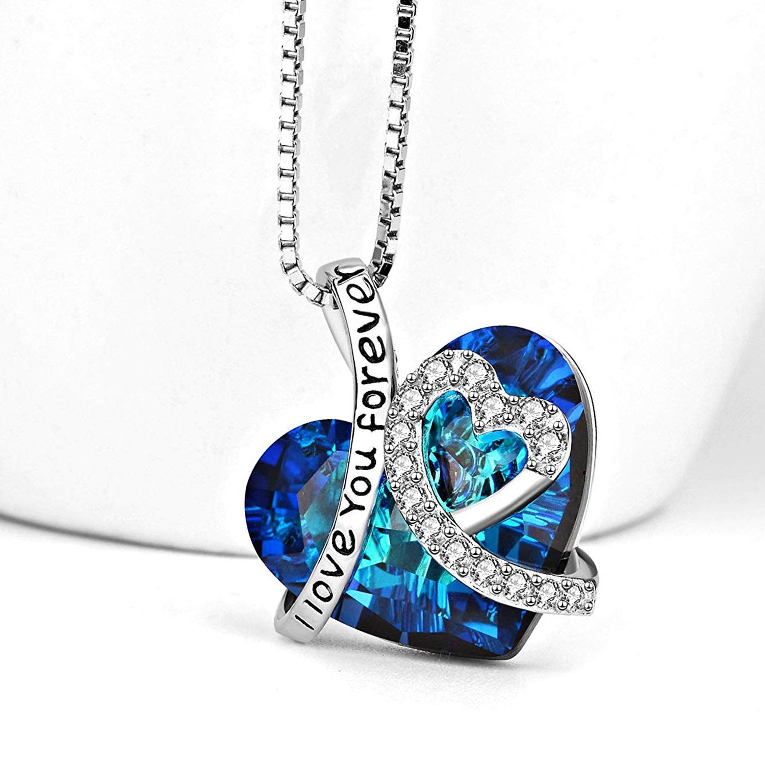 I LOVE YOU FOREVER blauwe kristallen hartketting en geschenkdoos in 18K wit