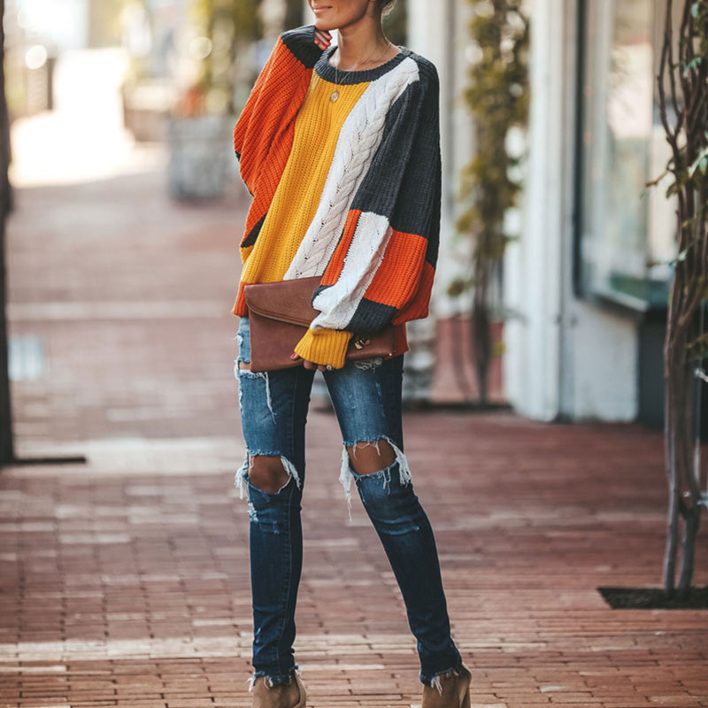 Patchwork Lantern Sleeve Knitted Sweater