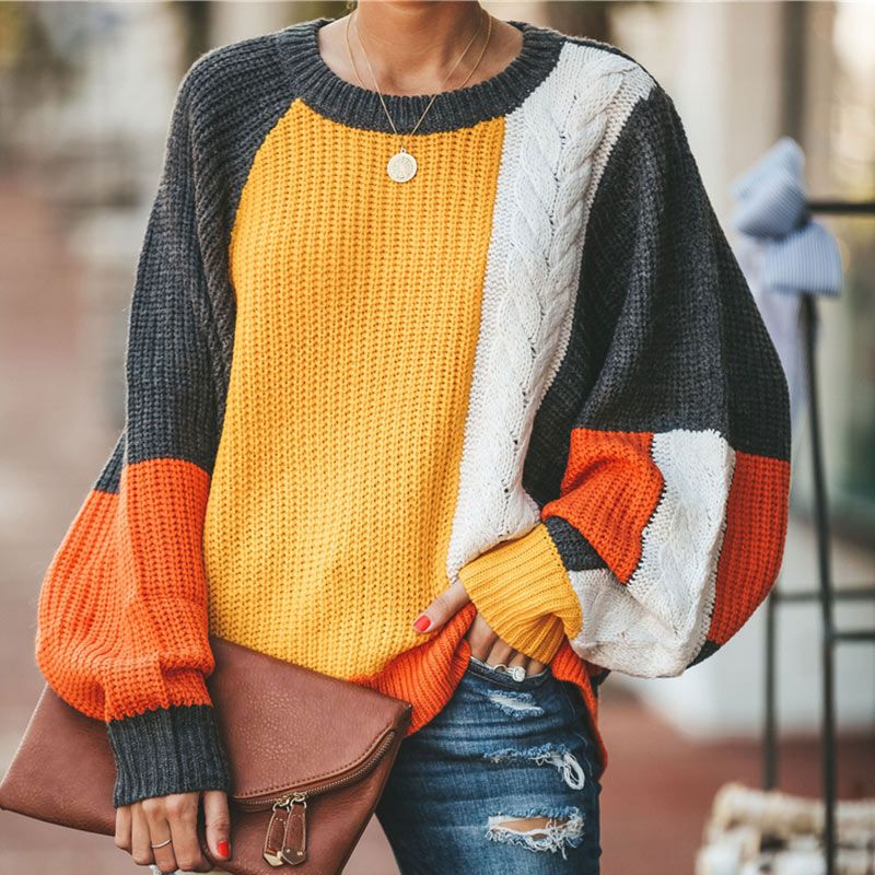 Patchwork Lantern Sleeve Knitted Sweater