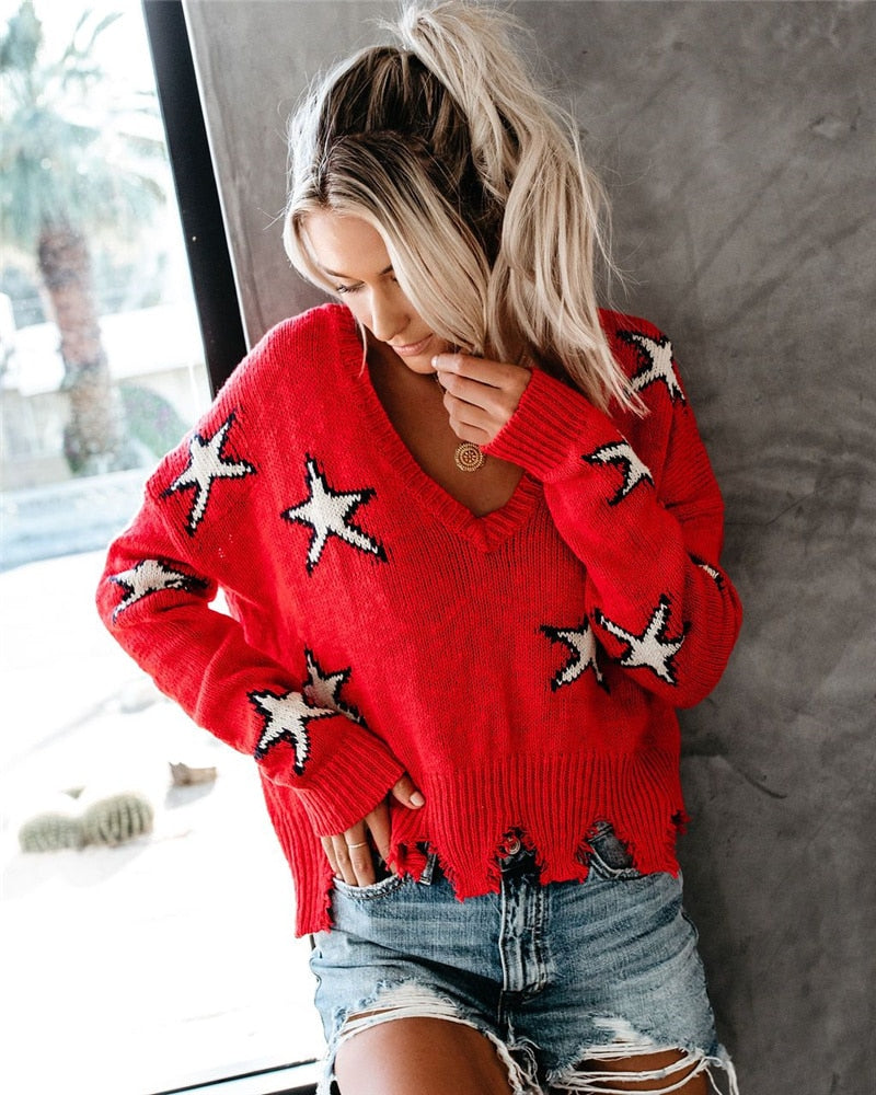 V-neck Ripped Loose Pullover Sweater