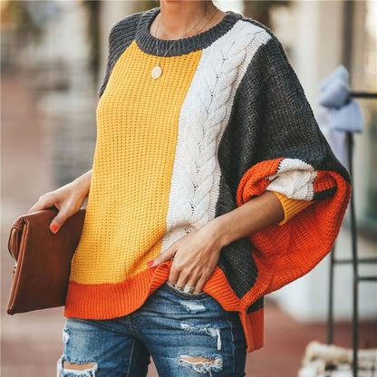 Patchwork Lantern Sleeve Knitted Sweater