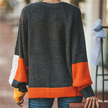 Patchwork Lantern Sleeve Knitted Sweater