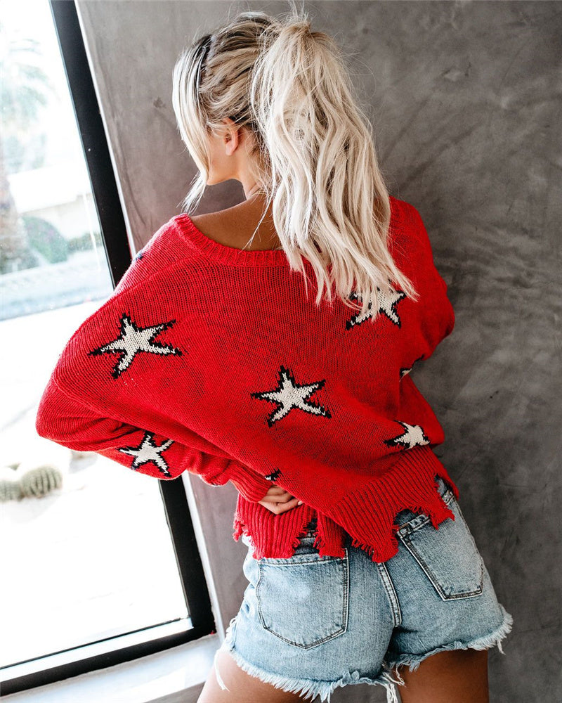 V-neck Ripped Loose Pullover Sweater