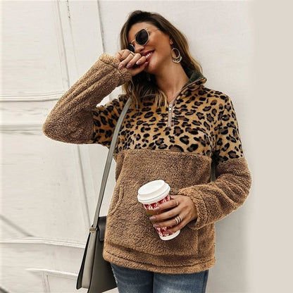 Flannel Contrast Leopard Zipper Teddy Sweatshirt