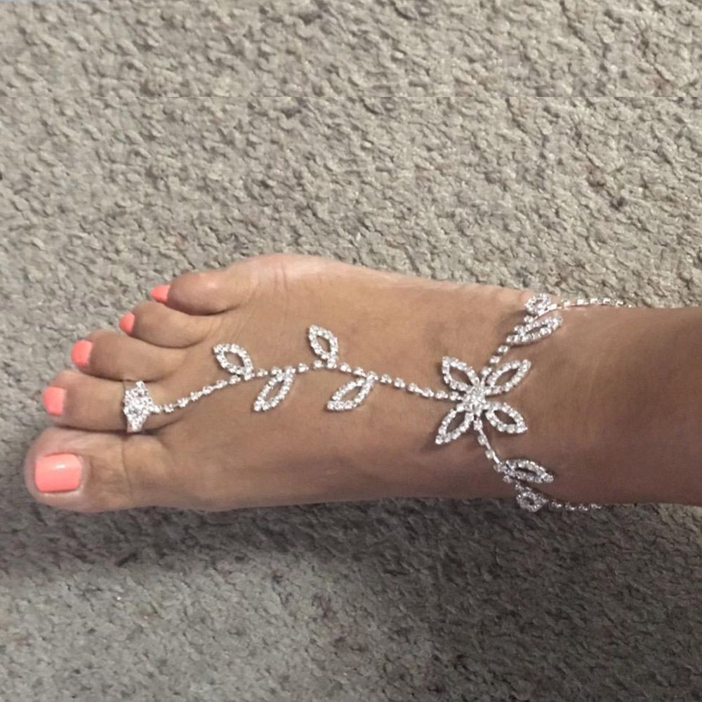 1PC Beach Wedding Jewelry Anklet with Rhinestone Toe Ring Leaf Bridal