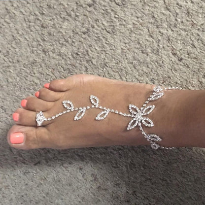 1PC Beach Wedding Jewelry Anklet with Rhinestone Toe Ring Leaf Bridal