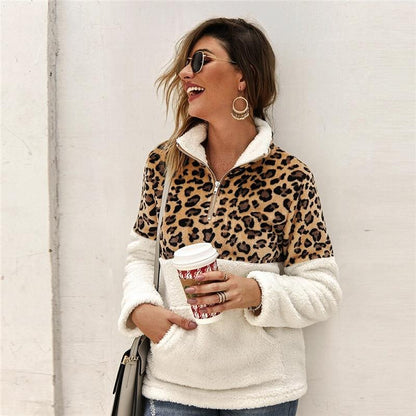 Flannel Contrast Leopard Zipper Teddy Sweatshirt