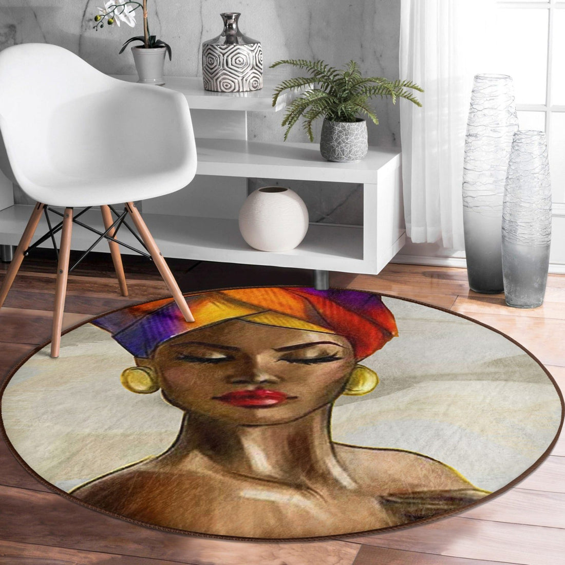 African Women Pattern Ethnic Washable Round Rug | Homeezone