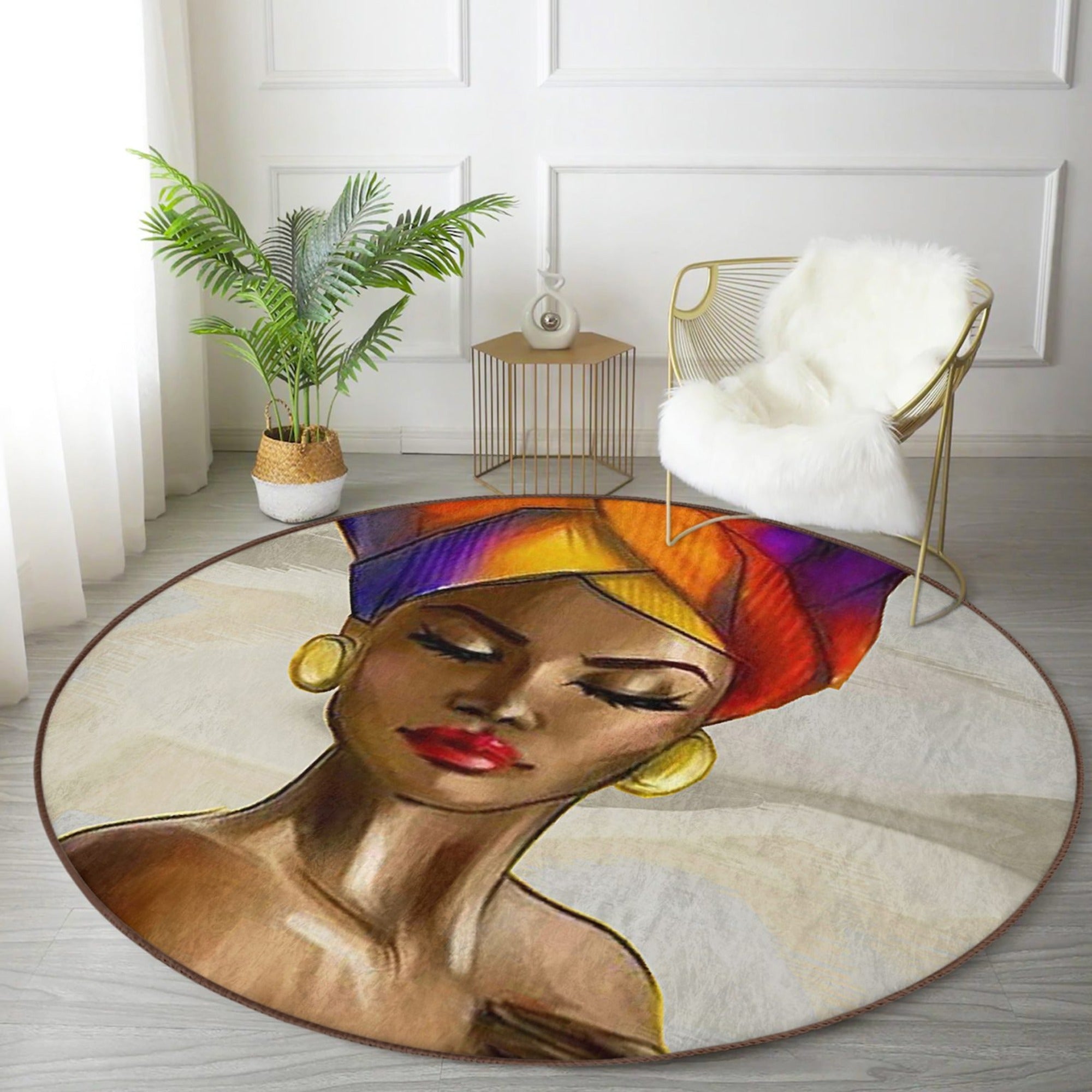 African Women Pattern Ethnic Washable Round Rug | Homeezone