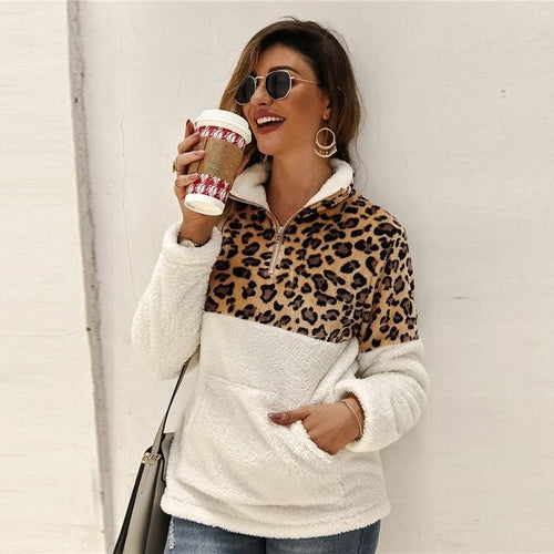 Flannel Contrast Leopard Zipper Teddy Sweatshirt