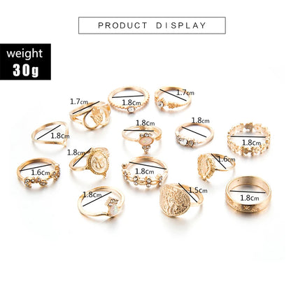 Tocona 15 Pcs/set Boho Virgin Mary Gold Rings for Women Heart Fatima Hands Anillos Cross Leaf Geometric Kольцо Jewelry 7056