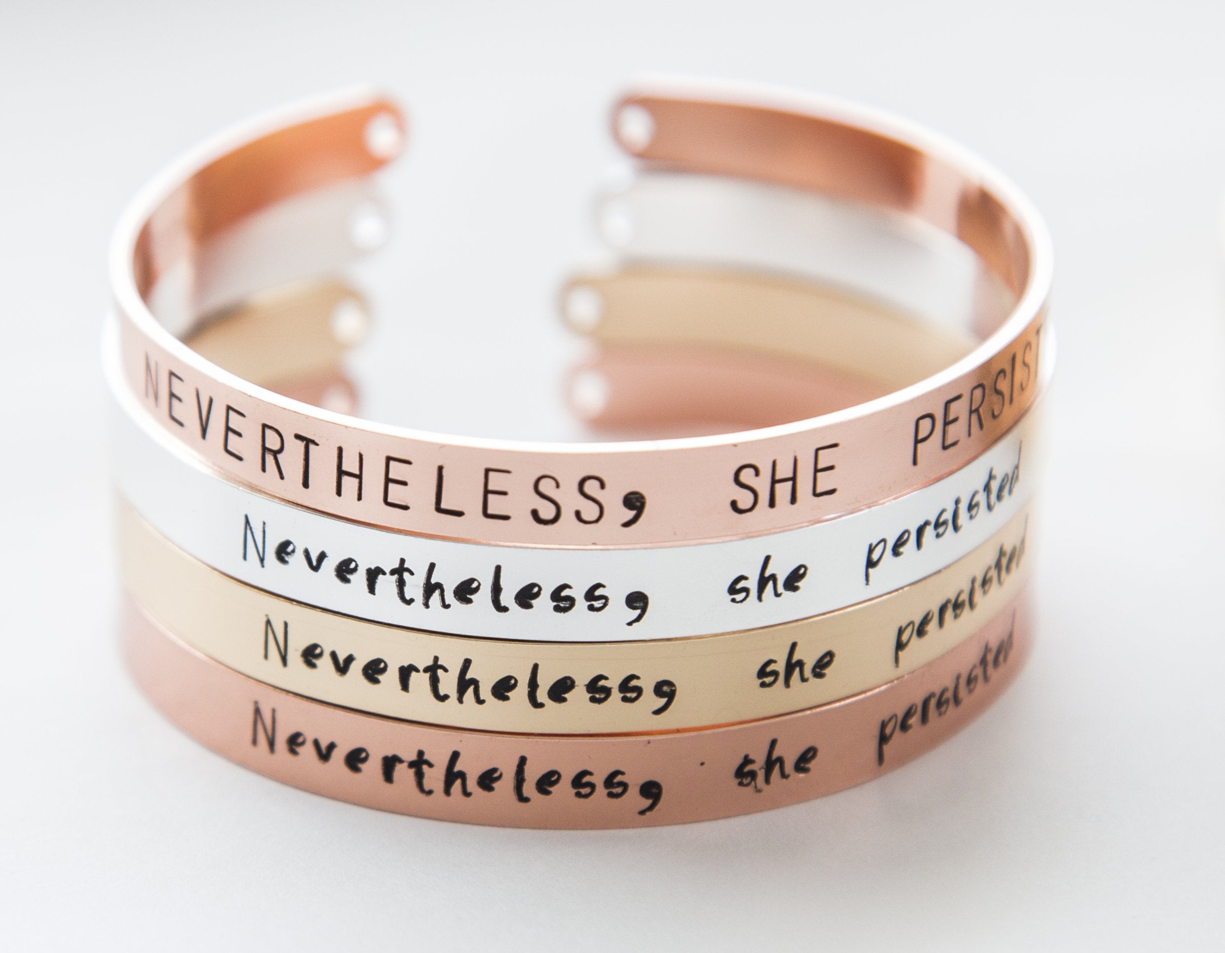 Nevertheless she persisted bracelet, hand stamped cuff, silver/gold