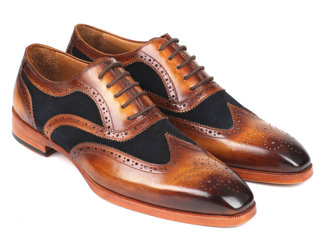 Paul Parkman Brown Leather &amp; Navy Suede Oxfords (ID