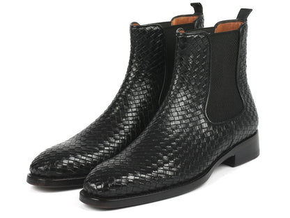 Paul Parkman Black Woven Leather Chelsea Boots (ID