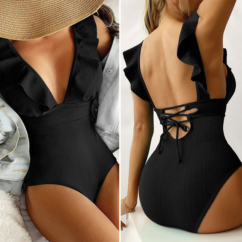 Ruffle Swimsuit Swimwear Black Color Back String Monokini