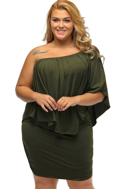 Multiple Dressing Layered Army Green Plus Size Mini Dress