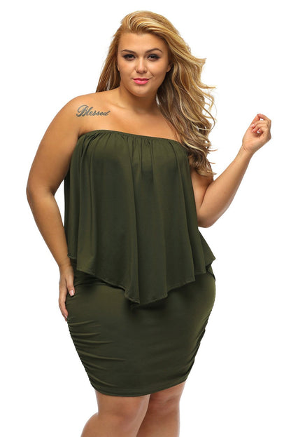 Multiple Dressing Layered Army Green Plus Size Mini Dress