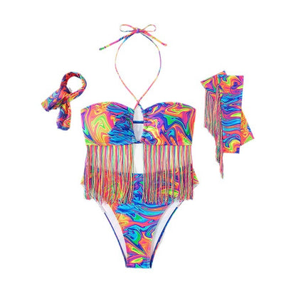 Dames bedrukte halter bikini met kwastjes