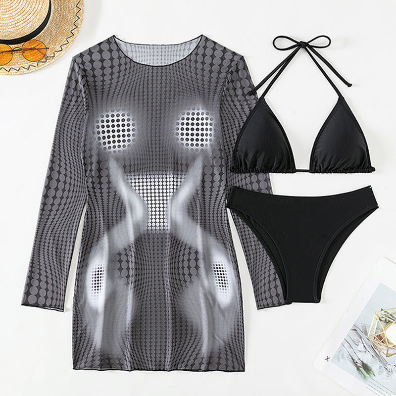 Printed Long Sleeve Three-piece Suit Swimsuit For Women