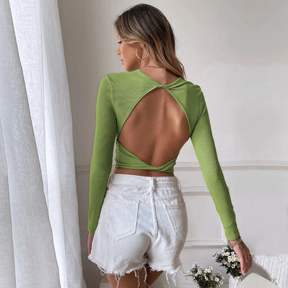 Backless Casual Short Knit Slim Fit Long Sleeve T-Shirt Top