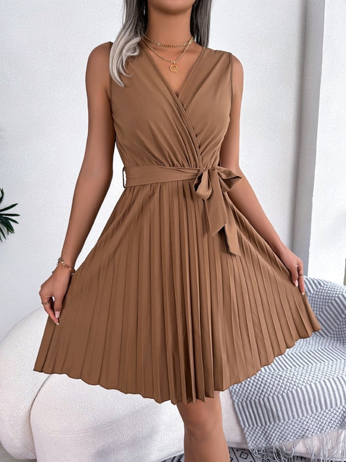 V-Neck Sleeveless Waist Gathered Pleated Dress