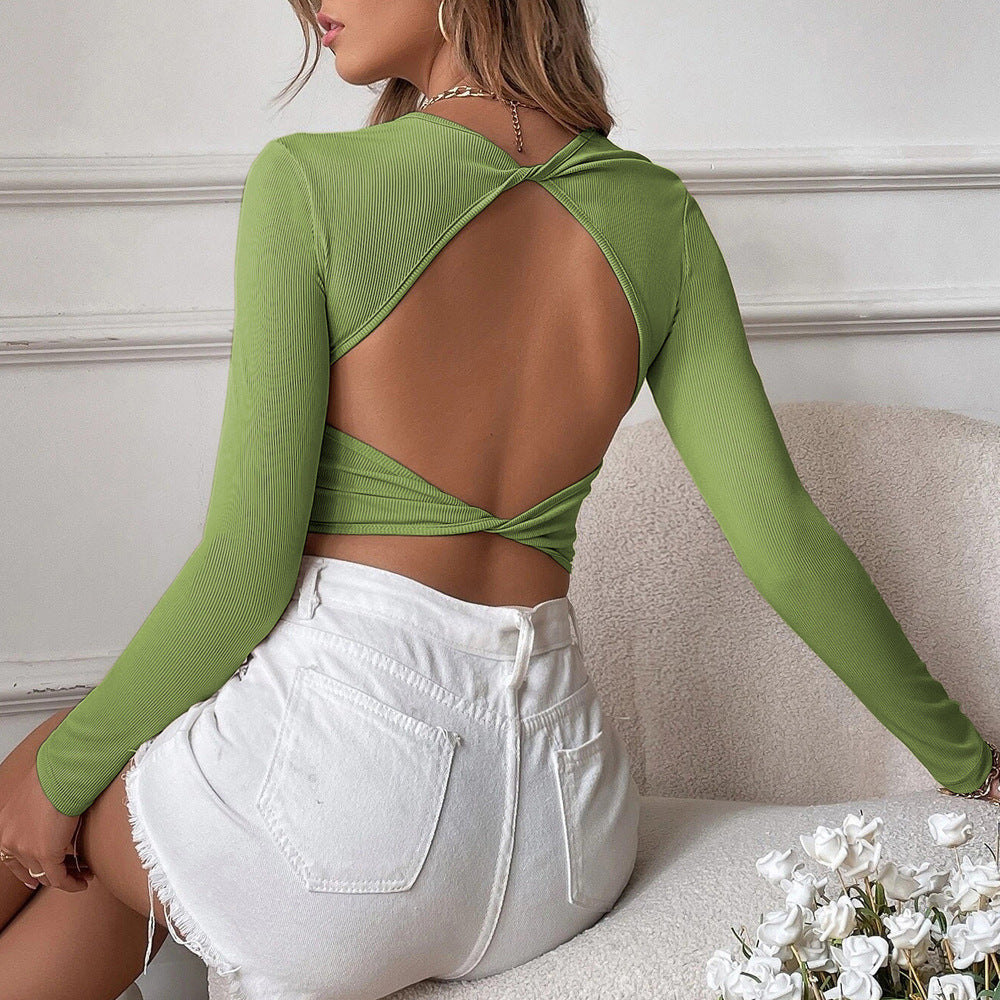 Backless Casual Short Knit Slim Fit Long Sleeve T-Shirt Top