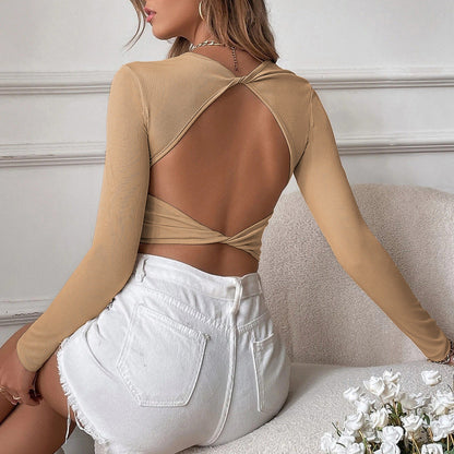 Backless Casual Short Knit Slim Fit Long Sleeve T-Shirt Top