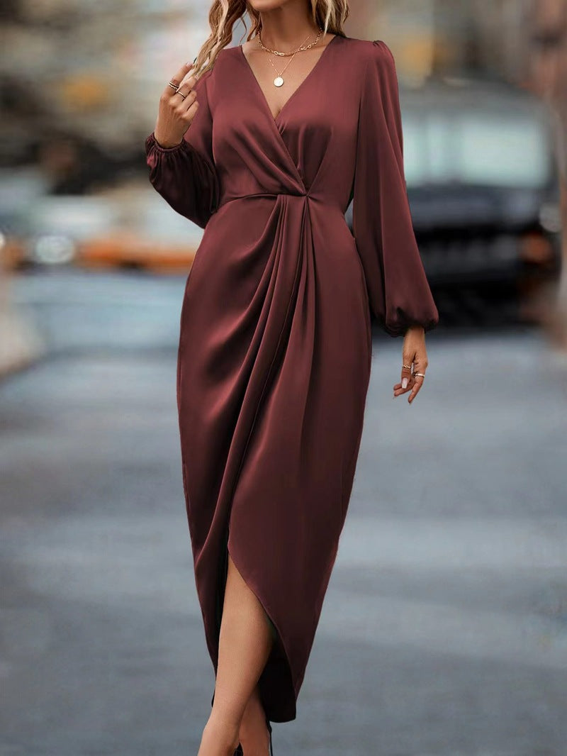 Temperament Pure Color Waist-tight Split V-neck Dress Women