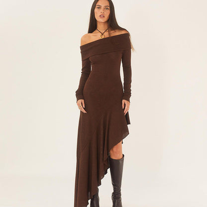 One-Shoulder Long Sleeve Fitted Mermaid Hem Maxi Dress