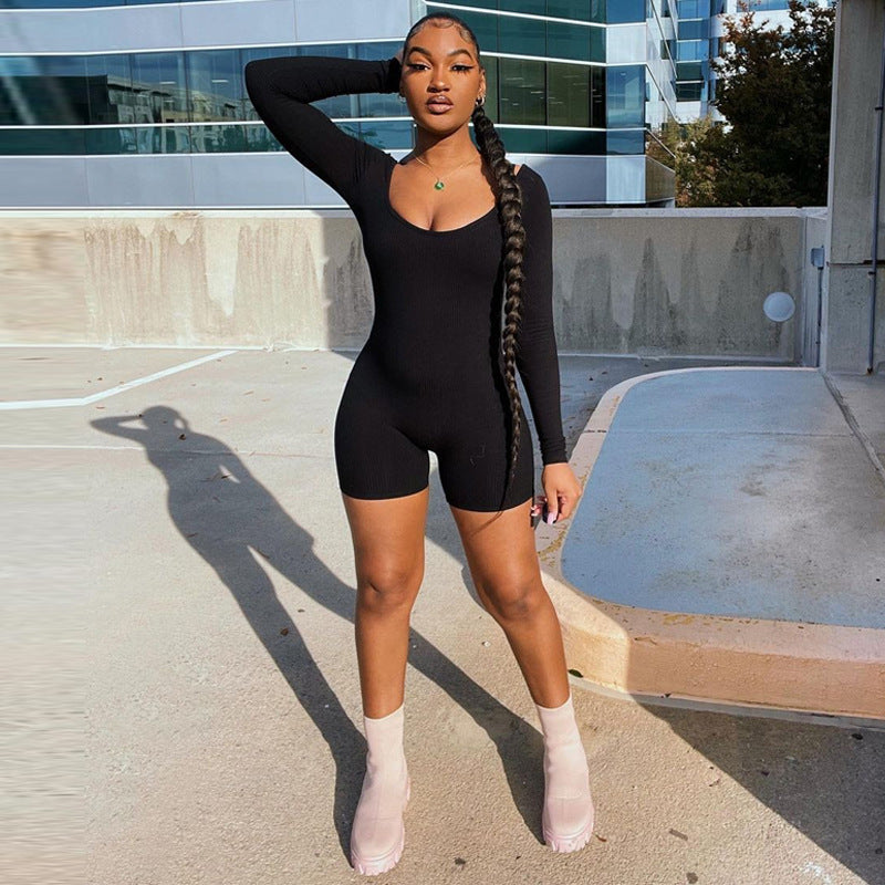 U-Neck Long Sleeve Bodycon Butt-Lifting Sport Jumpsuit