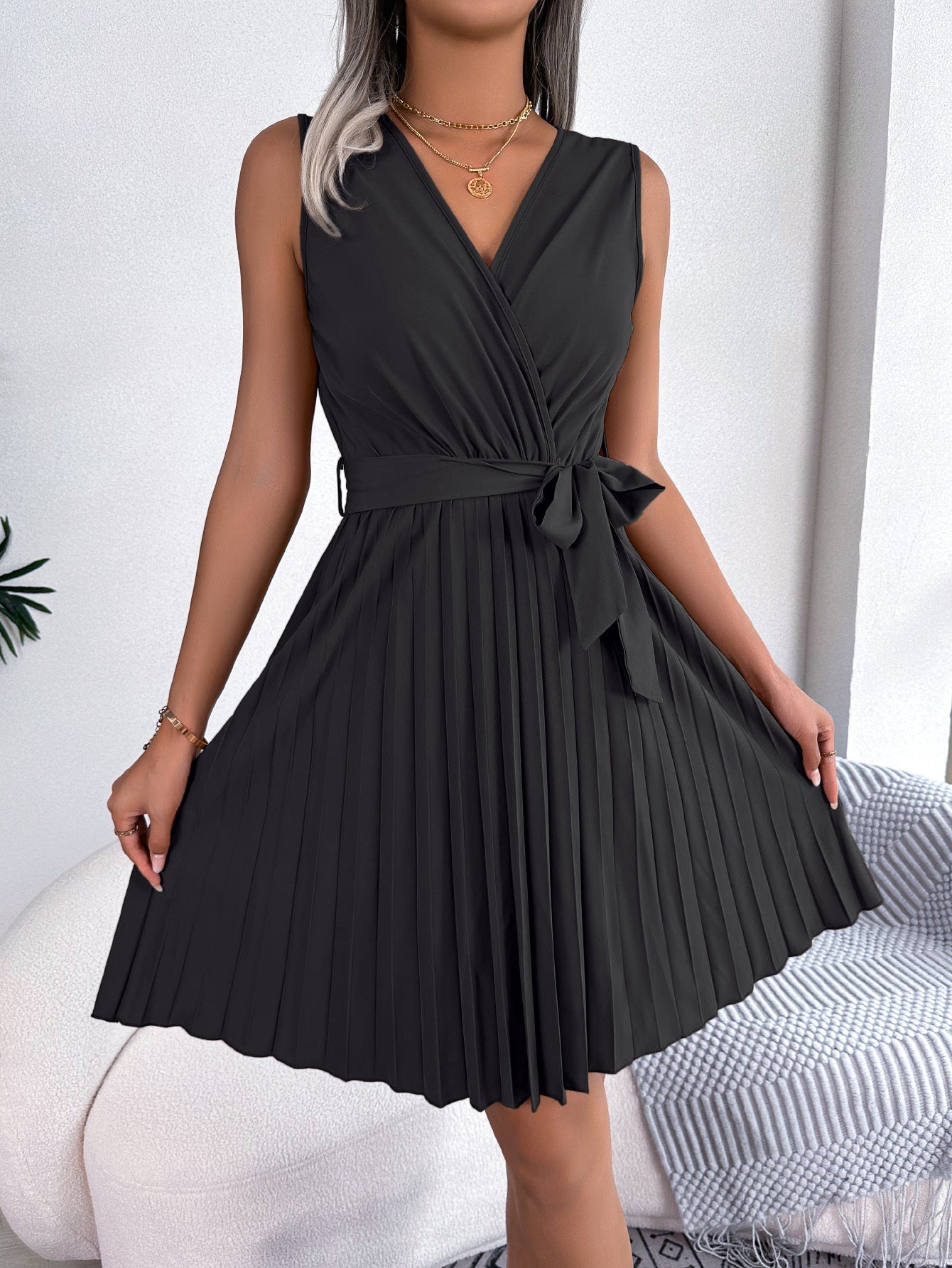 V-Neck Sleeveless Waist Gathered Pleated Dress