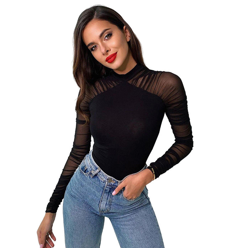 Mesh Splicing Long Sleeved Slim Fit Solid Color Jumpsuit