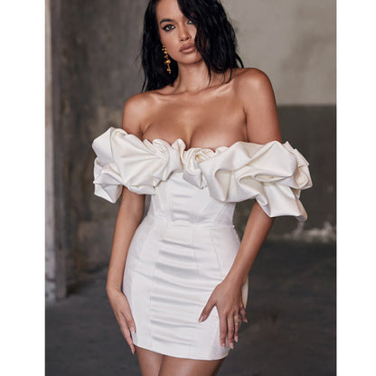 Satin Ruffles Sleeve Backless Strapless Bodycon White Dress