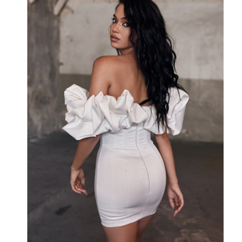 Satin Ruffles Sleeve Backless Strapless Bodycon White Dress