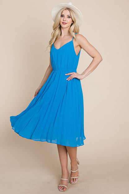 V Neck Pleated Midi Sundress