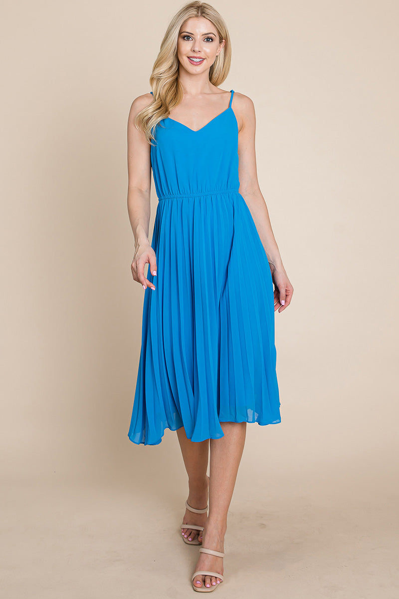 V Neck Pleated Midi Sundress