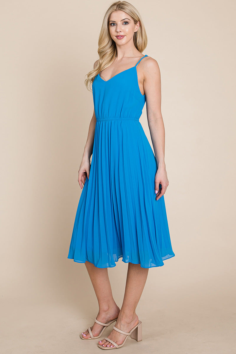 V Neck Pleated Midi Sundress