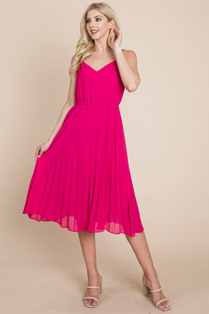 V Neck Pleated Midi Sundress