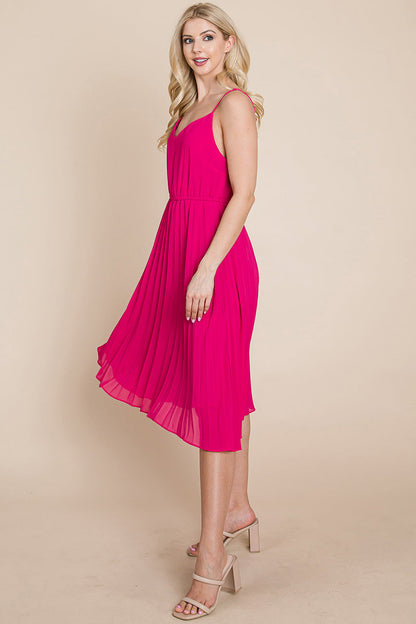 V Neck Pleated Midi Sundress