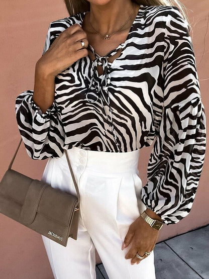 Zebra Striped Print Blouses V Neck Tie-up Bandage Top Shirts