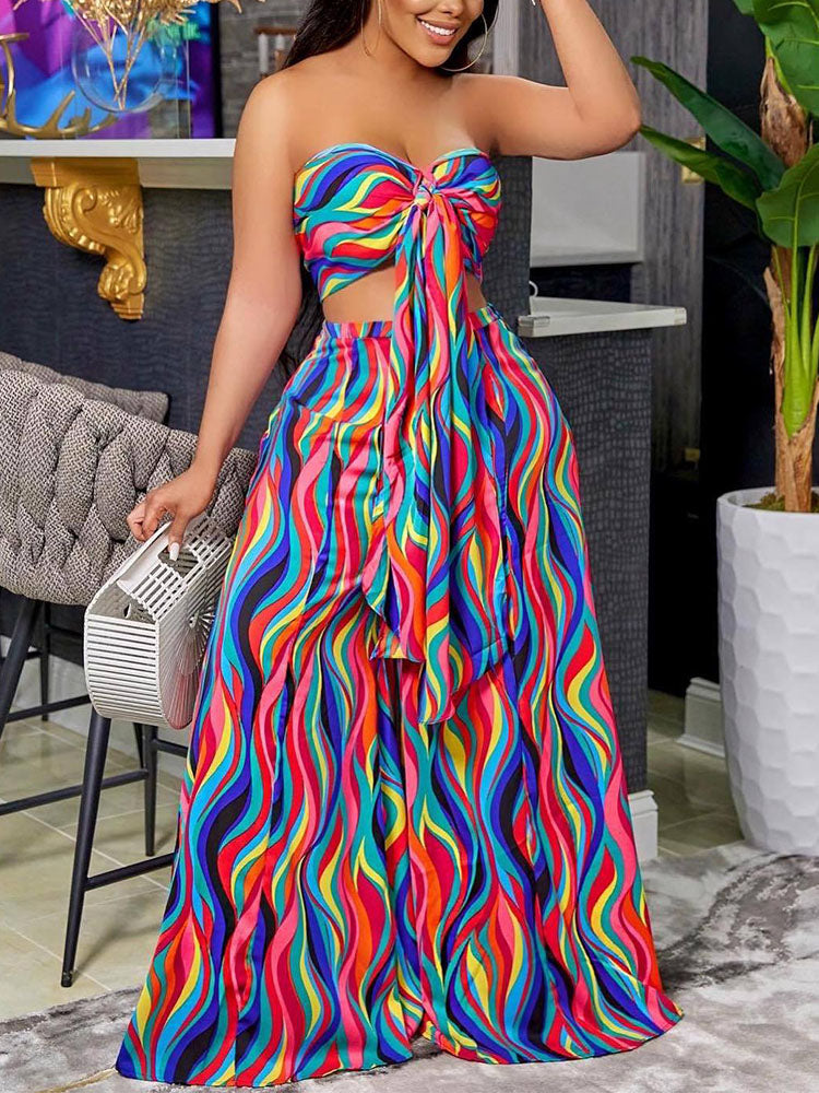 Wave Striped Dress Suits Tie Front Tube Top Wide Leg Loose Pants Set