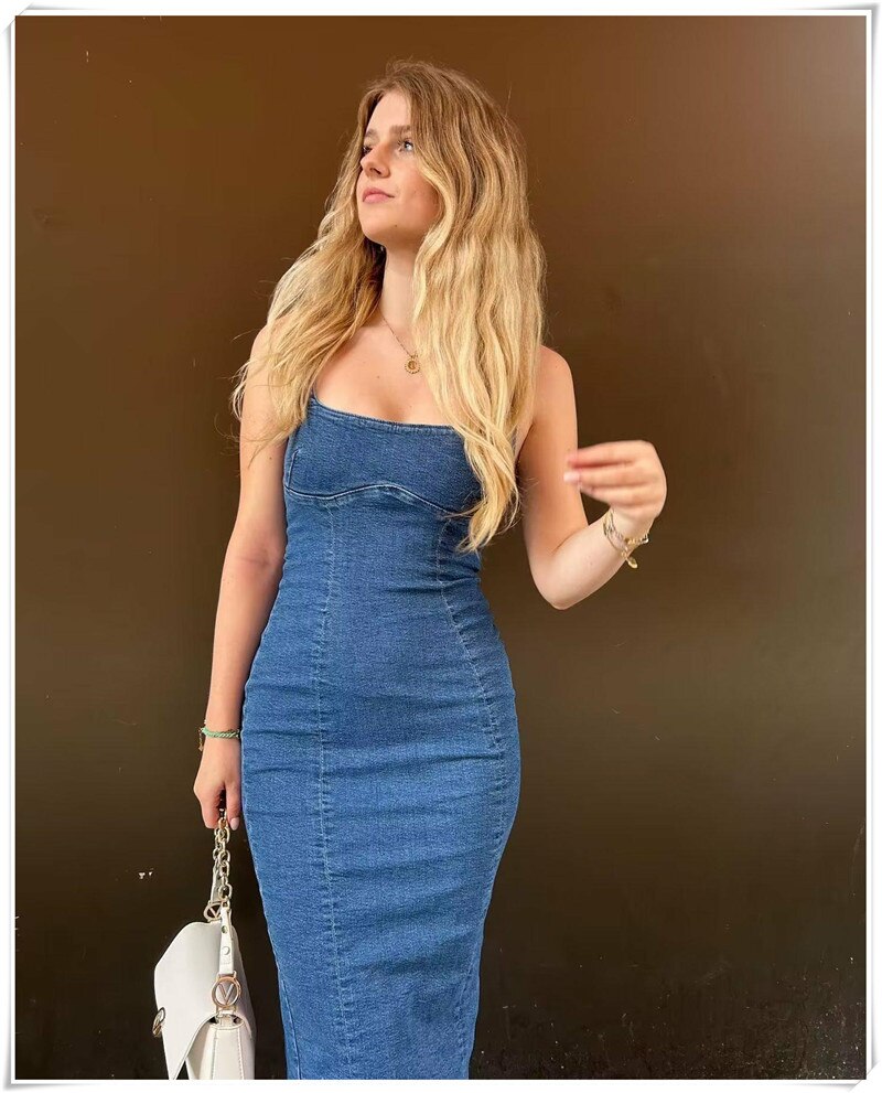 Solid Denim Women dress Spaghetti Strap Sleeveless Midi Split Dresses