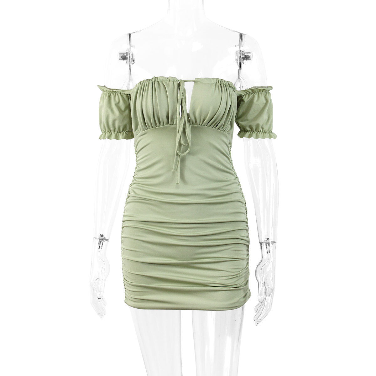 Slash Neck Drawstring Ruched Dress