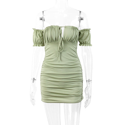 Slash Neck Drawstring Ruched Dress