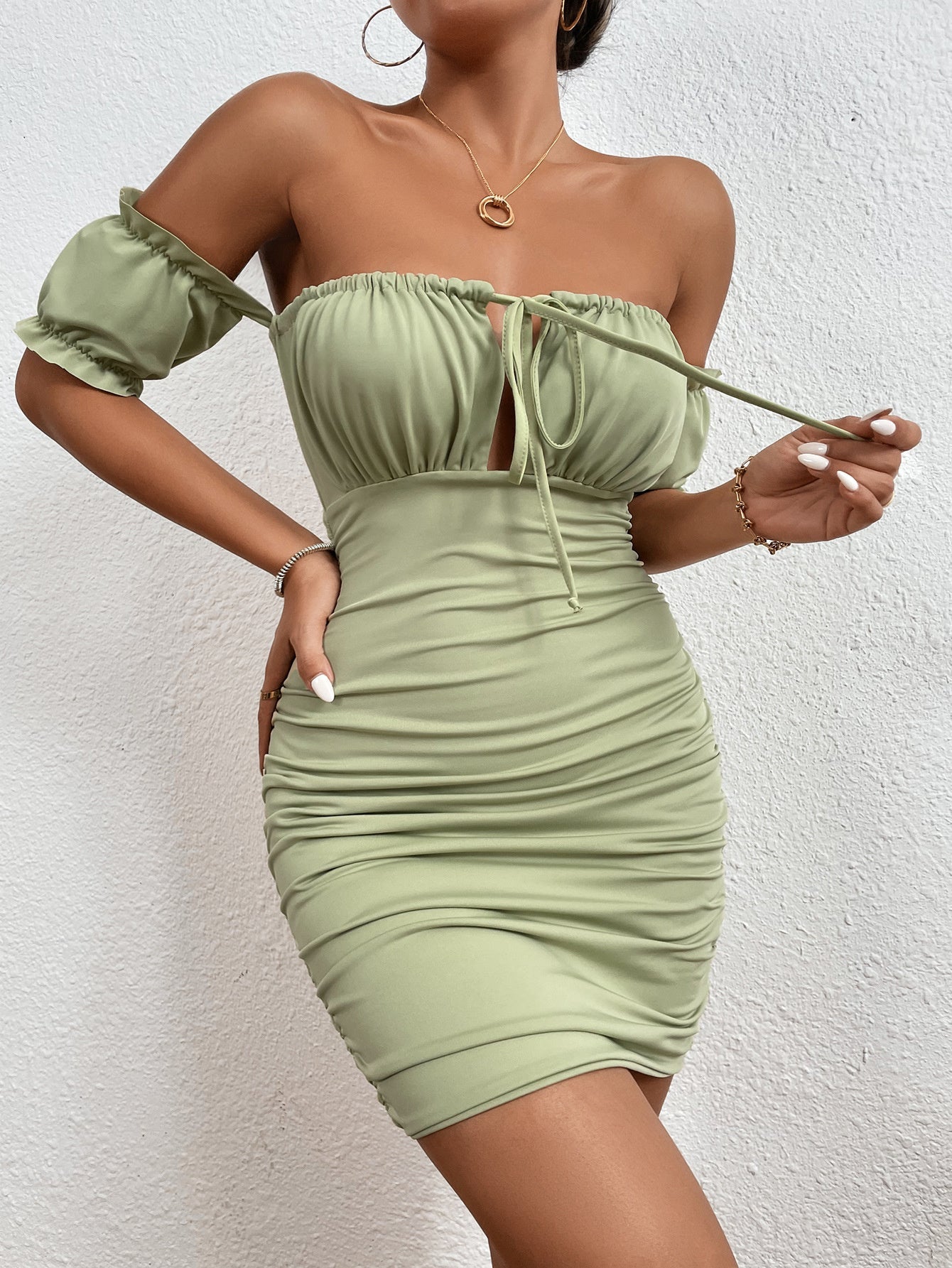 Slash Neck Drawstring Ruched Dress