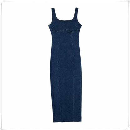 Solid Denim Women dress Spaghetti Strap Sleeveless Midi Split Dresses