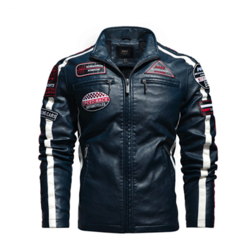 Mens Biker Vegan Leather Jacket With Badges