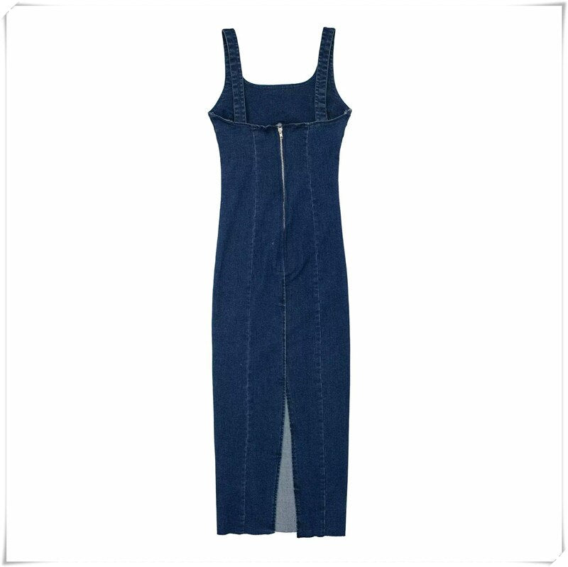 Solid Denim Women dress Spaghetti Strap Sleeveless Midi Split Dresses