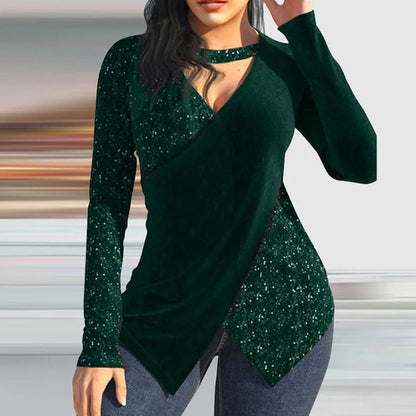 Sexy V Neck Halter Women Tops Pullover Elegant Long Sleeve Slim