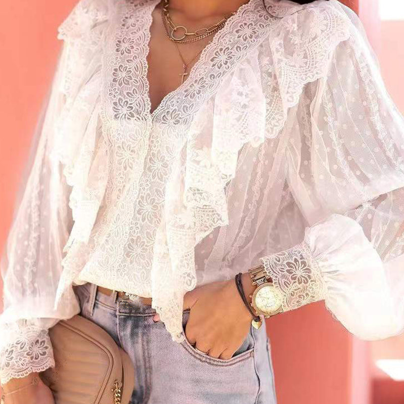 Sexy V Neck Office Lace Blouse Ruffle Tops